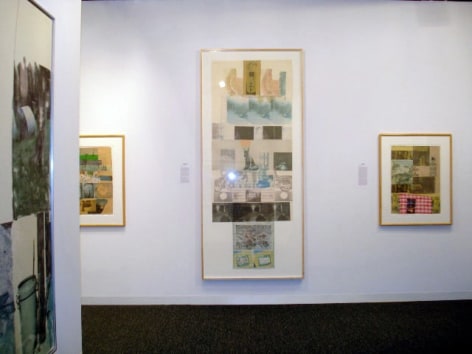 (From Left) Robert Rauschenberg, &quot;Damper,&quot; 1980, solvent transfer and fabric collage on paper, 22 1/4 x 30 1/2 in., &quot;Clover,&quot; 1980, solvent transfer and fabric collage on paper, 36 3/4 x 94 in., &quot;Table Talk for Tomlin,&quot; 1980, collage and mixed media, 22 1/2 x 30 1/2 in.