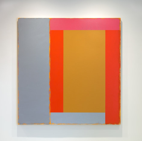 A painting by Doug Ohlson. Large areas of color in red, pink, orange, grey and ochre.