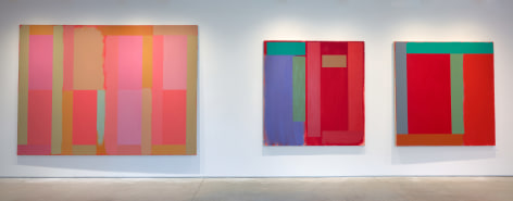 Installation view of the exhibition, &quot;Doug Ohlson: Paintings from the 1980s&quot; at the Washburn Gallery.  Three abstract paintings hanging on white walls.