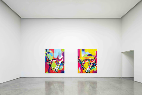 Installation view of Cody Choi: &ldquo;HELLO KITTY&rdquo; Database Painting Totem + NFT at PKM &amp;amp; PKM+., Courtesy of PKM Gallery.