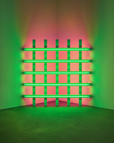 Dan Flavin,&nbsp;untitled (to Mary Ann and Hal with fondest regards) 2, 1976.&nbsp;Green and pink fluorescent light,, 8 ft. (244 cm) square across a corner.