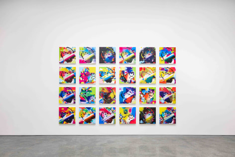 Installation view of Cody Choi: &ldquo;HELLO KITTY&rdquo; Database Painting Totem + NFT at PKM &amp;amp; PKM+., Courtesy of PKM Gallery.