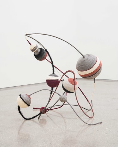 Young In Hong, Free Improvisation II, 2025., Stainless steel wire, balls, bells, and textile strings, 81 x 91 x 86 cm.