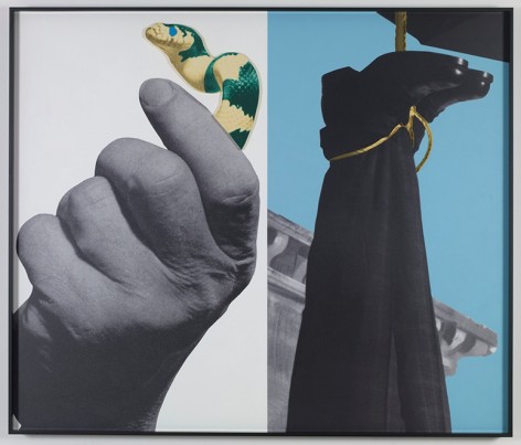 John Baldessari.&nbsp;Hands and/ or Feet (Part One): Snake/Hanging Person, 2009.&nbsp;Three dimensional archival print laminated with Lexan and mounted on Sintra with acrylic paint,&nbsp;149.9 x 176.8 cm.&nbsp;Courtesy Marian Goodman Gallery, New York.&nbsp;