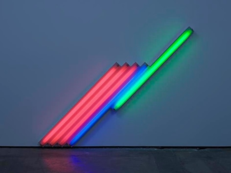Dan Flavin. untitled (for Frederika and Ian) 4, 1987.&nbsp;Pink, blue, and green fluorescent light, 6 ft. (183 cm) long on the diagonal.&nbsp;&copy; 2018 Estate of Dan Flavin / Artists Rights Society (ARS), New York. Courtesy David Zwirner and PKM Gallery.