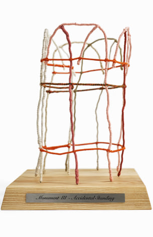 Young In Hong, Monument 3 -Accidental Standing, 2025., Threads, stainless steel wire, wood, engraved stainless steel sheet, 33.5 x 34 x 39 cm.