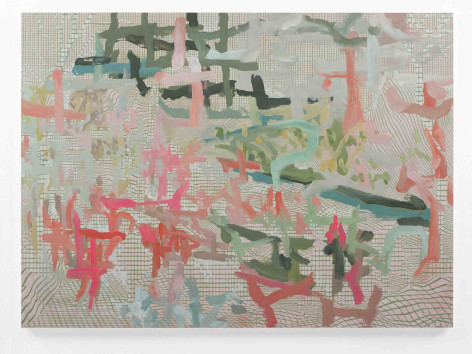 Toby Ziegler, Leach field, 2021. Oil, inkjet, and gesso on canvas, 140 x 193 x 4 cm., Courtesy of the artist &amp;amp; PKM Gallery.