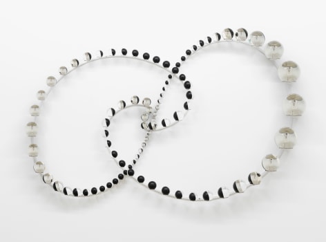 Olafur Eliasson, Orbital centrifugal presence, 2022., Partially silvered glass spheres, stainless steel, paint (black, white), 113 x 174 x 20 cm.