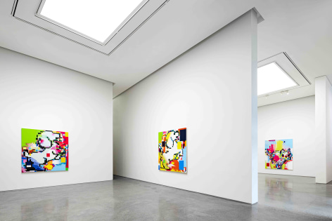 Installation view of Cody Choi: &ldquo;HELLO KITTY&rdquo; Database Painting Totem + NFT at PKM &amp;amp; PKM+., Courtesy of PKM Gallery.