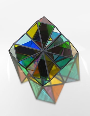 Olafur Eliasson, Commitment window (Version 3 of 4, Unique), 2018. Stainless steel, coloured glass (yellow, blue, green, orange, pink, transparent), colour-effect filter glass (green, orange,yellow), mirror, gold, paint (dark grey), 85 x 85 x 30 cm., Courtesy of the artist &amp;amp; PKM Gallery.