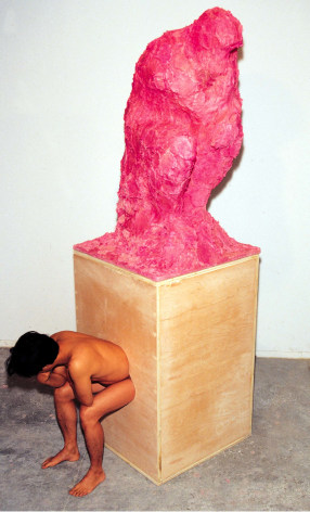Cody Choi, The Thinker, December #3, 1996. Toilet paper, Pepto-Bismol, wood., Courtesy of the artist &amp;amp; PKM Gallery.
