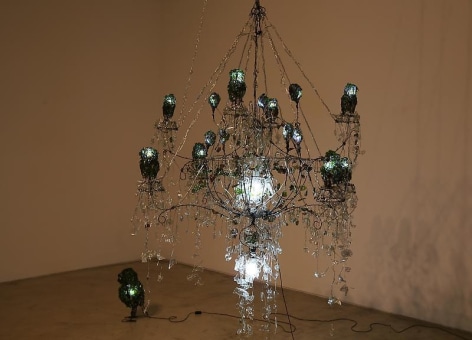 Bae Young-whan. Luxurious and Miserable Insomnia, 2008.&nbsp;Shards of wine bottles, various liquor bottles, iron, aluminium, LED lights, epoxy, h 223 x dia 150 cm.;&nbsp;Insomnia, 2008.&nbsp;Shards of wine bottles, various liquor bottles, iron, LED lights, epoxy,&nbsp;46 x 25 x 30 cm.&nbsp;Courtesy of the artist &amp;amp; PKM Gallery.