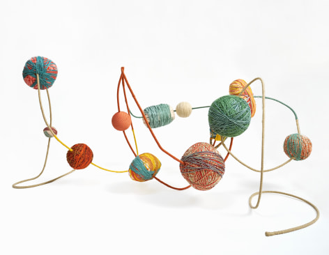 Young In Hong,&nbsp;Free Improvisation I, 2025., Various threads, stainless steel wire, bells, acrylic balls, 140 x 77 x 63 cm.