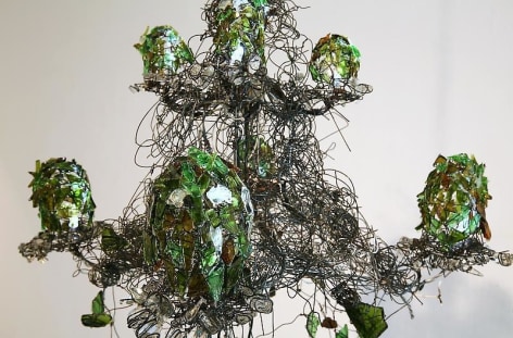 Bae Young-whan. Root in A Minor&nbsp;(detail), 2008.&nbsp;Shards of wine bottles, various liquor bottles, iron, LED lights, epoxy, h 130 x dia 57 cm.&nbsp;Courtesy of the artist &amp;amp; PKM Gallery.
