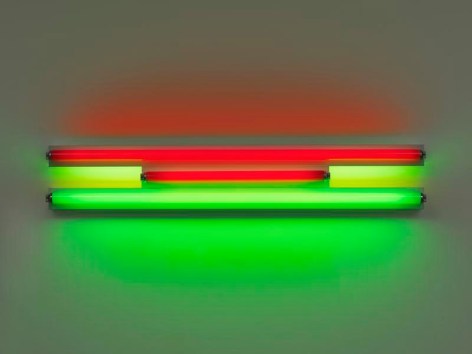 Dan Flavin,&nbsp;untitled, 1995.&nbsp;Red and green fluorescent light, 4 ft. (122 cm) wide., &copy; 2018 Estate of Dan Flavin / Artists Rights Society (ARS), New York. Courtesy David Zwirner and PKM Gallery.