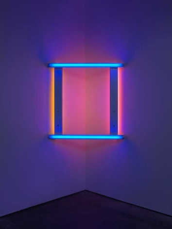 Dan Flavin. untitled, 1971, blue, yellow, and pink fluorescent light, 4 ft. (122 cm) square across a corner, Edition 1 of 5. Courtesy David Zwirner and PKM Gallery.