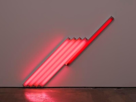 Dan Flavin. untitled (for Frederika and Ian) 1, 1987.&nbsp;Pink and red fluorescent light, 6 ft. (183 cm) long on the diagonal.&nbsp;&copy; 2018 Estate of Dan Flavin / Artists Rights Society (ARS), New York. Courtesy David Zwirner and PKM Gallery.