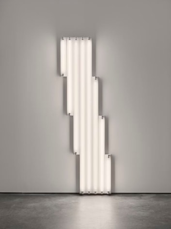 Dan Flavin. &quot;monument&quot; for V. Tatlin, 1968. Cool white fluorescent light, 8 ft. (244 cm) high, &copy; 2018 Estate of Dan Flavin / Artists Rights Society (ARS), New York. Courtesy David Zwirner and PKM Gallery.