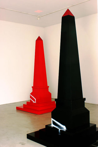 Steven Gontarski. Zero Obelisk I(black) &amp;amp; II(red), 2006. Painted MDF, perspex and light, each 278 x 135 x 135cm.
