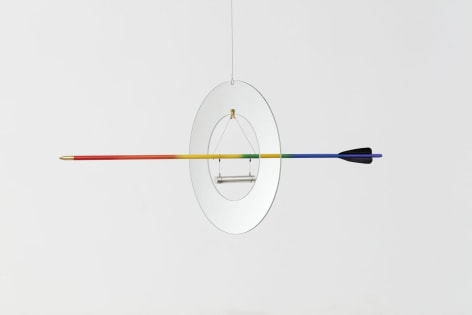 Olafur Eliasson, Your mutual appreciation compass (Ed. 21/36 + 4 AP), 2022. &nbsp;Arrow (wood, brass, feather), paint (rainbow spectrum, black), magnet, partially painted mirror, wire, brass. 32(h) x 32 x 84 cm. Courtesy of the artist &amp;amp; PKM Gallery.