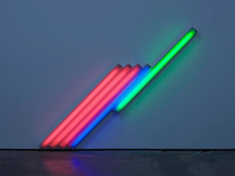 Dan Flavin,&nbsp;untitled (for Frederika and Ian) 4, 1987.&nbsp;Pink, blue, and green fluorescent light, 6 ft. (183 cm) long on the diagonal. &copy; 2018 Estate of Dan Flavin / Artists Rights Society (ARS), New York. Courtesy David Zwirner and PKM Gallery.