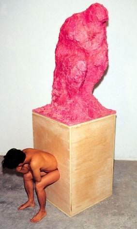 Cody Choi. The Thinker, december #3, 1996. Toilet paper, Pepto-bismol and wood, 111.76 x 91.44 x 281.94 cm.&nbsp;Courtesy of the artist &amp;amp; PKM Gallery.