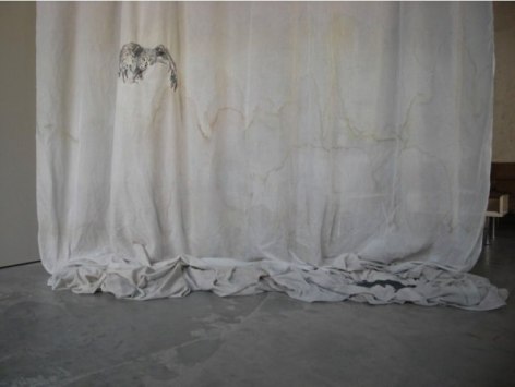 Isa Melsheimer. Vorhang (Eule), 2012.&nbsp;Fabric, thread, pearls, 300 x 300 x 40 cm (approx).&nbsp;Courtesy of the artist and&nbsp;Esther Schipper.