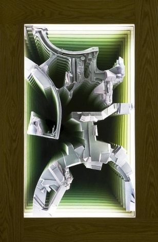 Lee Bul. Untitled, 2008. Cast polyurethane, paint, two-way mirror, fluorescent lamp, wood frame, 120 x 80 x 13 cm.