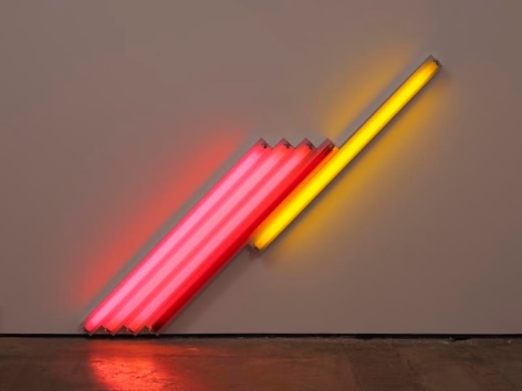 Dan Flavin. untitled (for Frederika and Ian) 2, 1987. Pink, red, and yellow fluorescent light, 6 ft. (183 cm) long on the diagonal, &copy; 2018 Estate of Dan Flavin / Artists Rights Society (ARS), New York. Courtesy David Zwirner and PKM Gallery.