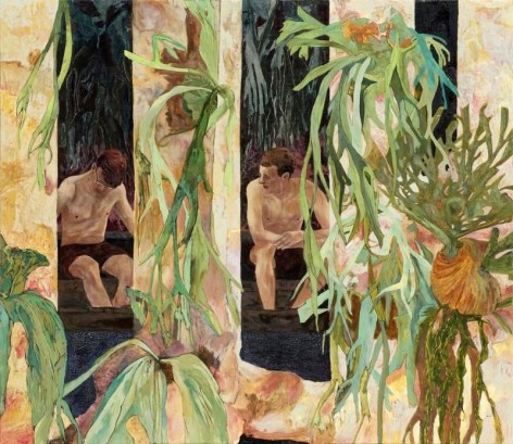 Hernan Bas. two bathers by a river, 2017. Acrylic on linen, 213.4 x 182.9 cm. Courtesy of the artist, Lehmann Maupin, New York and Hong Kong and PKM Gallery, Seoul.