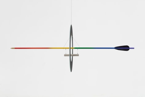 Olafur Eliasson, Your mutual appreciation compass, 2022., Arrow (wood, brass, feather), paint (rainbow spectrum, black), magnet, partially painted mirror, wire, brass,&nbsp;