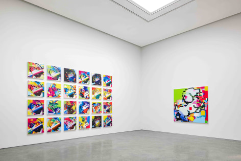 Installation view of Cody Choi: &ldquo;HELLO KITTY&rdquo; Database Painting Totem + NFT at PKM &amp;amp; PKM+., Courtesy of PKM Gallery.