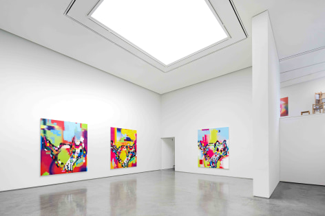 Installation view of Cody Choi: &ldquo;HELLO KITTY&rdquo; Database Painting Totem + NFT at PKM &amp;amp; PKM+., Courtesy of PKM Gallery.