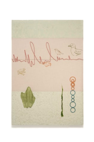 Young In Hong, Symbiotic Composition 2: Winds, a sparrow, a seagull, a frog, a blue tit, a bush, a broad leaf, a small tree, and bamboo in Mito, 2025., Fabric, stainless steel wire, threads, hemp fabric, polyester string, and embroidered images, 120 x 82.5 x 7.5 cm.