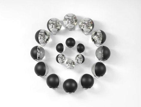 Olafur Eliasson. Pivotal study, 2018. Glass spheres, silver, paint (black, white), stainless steel, 164 x 164 x 31 cm.  Courtesy of the artist &amp;amp; PKM Gallery.