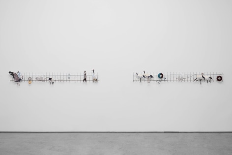 Young In Hong,&nbsp;Sonata: Durumi and I,&nbsp;2025., Embroidered cranes, digital print on cotton, compressed paper board, textile strings, brass, and stainless steel, left: 44 x 249.5 x 9 cm. right: 37.5 x 249.5 x 9.5 cm.