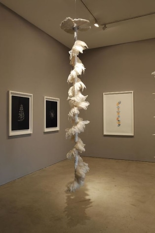 Minouk Lim. Unha-ri, 2011.&nbsp;Metal, feather, plastic fan, paraffin, styrofoam glue, clay, 201 x 37.5 cm diameter.&nbsp;Courtesy of the artist &amp;amp; PKM Gallery.