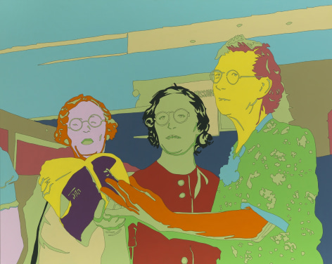 LISA RUYTER Russell Lee &ldquo;Three members of ladies&rsquo; quintette at community sing, Pie Town, New Mexico&rdquo; 2011, acrylic on canvas, 63 x 79 inches
