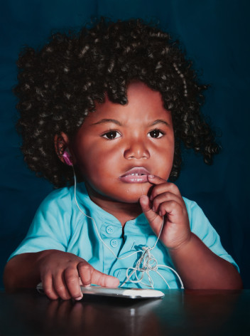 KATIE MILLER Boy with a Tangled Earphone 2014, oil on panel, 16 x 12 inches.