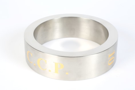 Koen Vanmechelen Ringed stainless steel ring with engraving, 2.25 x 8 x .75 inches