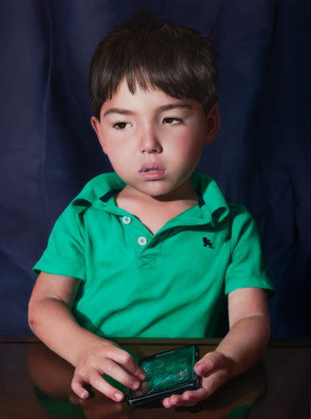 KATIE MILLER Boy with an Injured Phone  2014, oil on panel, 16 x 12 inches.