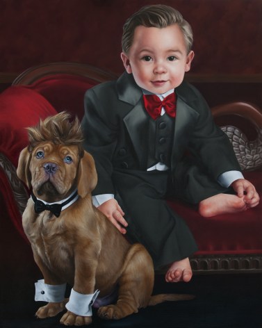 KATIE MILLER Portrait of Timmy Tuxedo and his Bow Little Wow Pal 2012, oil on panel, 20 x 16 inches