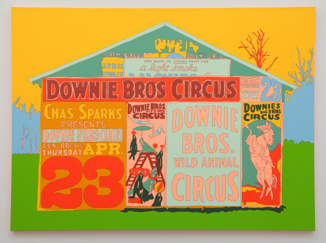 FRANCIS RUYTER  Walker Evans [Posters covering a building near Lynchburg to advertise a Downie Bros. circus], acrylic on canvas, 48 x 65 inches