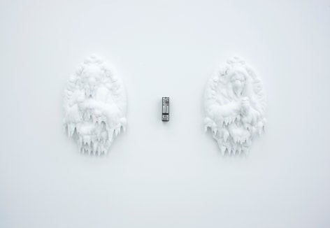 RYAN CARR JOHNSON Blind Faith 2013, layered paint atop wall busts, mice-metronome, 12 x 38 inches