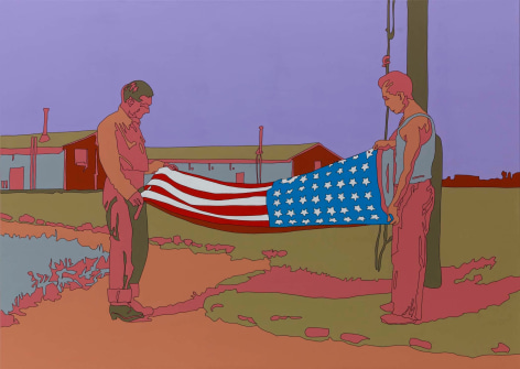 LISA RUYTER Russell Lee &ldquo;Rupert, Idaho. Former CCC (Civilian Conservation Corps) camp now under FSA (Farm Security Administration) management. Japanese-Americans taking down their flag in the evening&rdquo; 2011, acrylic on canvas, 39 x 55 inches
