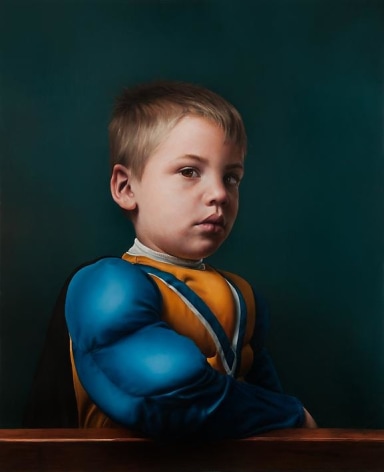 KATIE MILLER  Boy with a Muscled Sleeve 2014, oil on panel, 28 x 22.75 inches.
