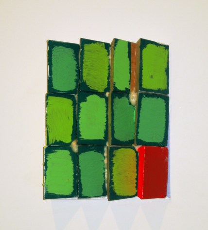 CORDY RYMAN Green Wedges 2009, acrylic, enamel and Gorilla Glue on wood, 11 x 9 x 3 inches