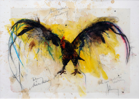 KOEN VANMECHELEN Untitled 2008, egg tempera, feathers, coffee and ink on paper, 10 x 14 inches