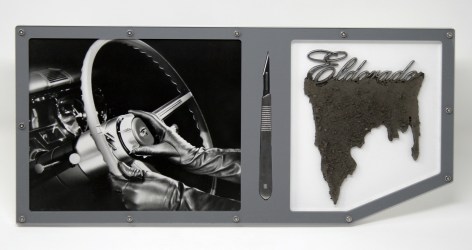 BENJAMIN KELLEY  Untitled 05  2019, Cadillac factory photograph (original), stainless steel scalpel, Cadillac Eldorado script emblem with earth, acrylic, stainless steel hardware, 7.75 x 16.75 x 1 inches.