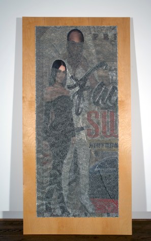 Wilmer Wilson IV PRE su 2018, staples and pigment print on wood, 96 x 48 x 1.5 inches